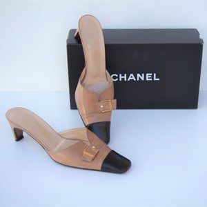 CHANEL beige and black low heel mules, US 9